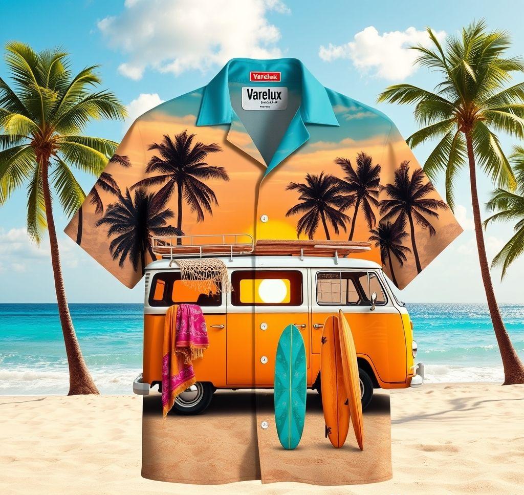 Vibrant Hawaiian Shirt Featuring Bohemian Van Design with Sunset Palette