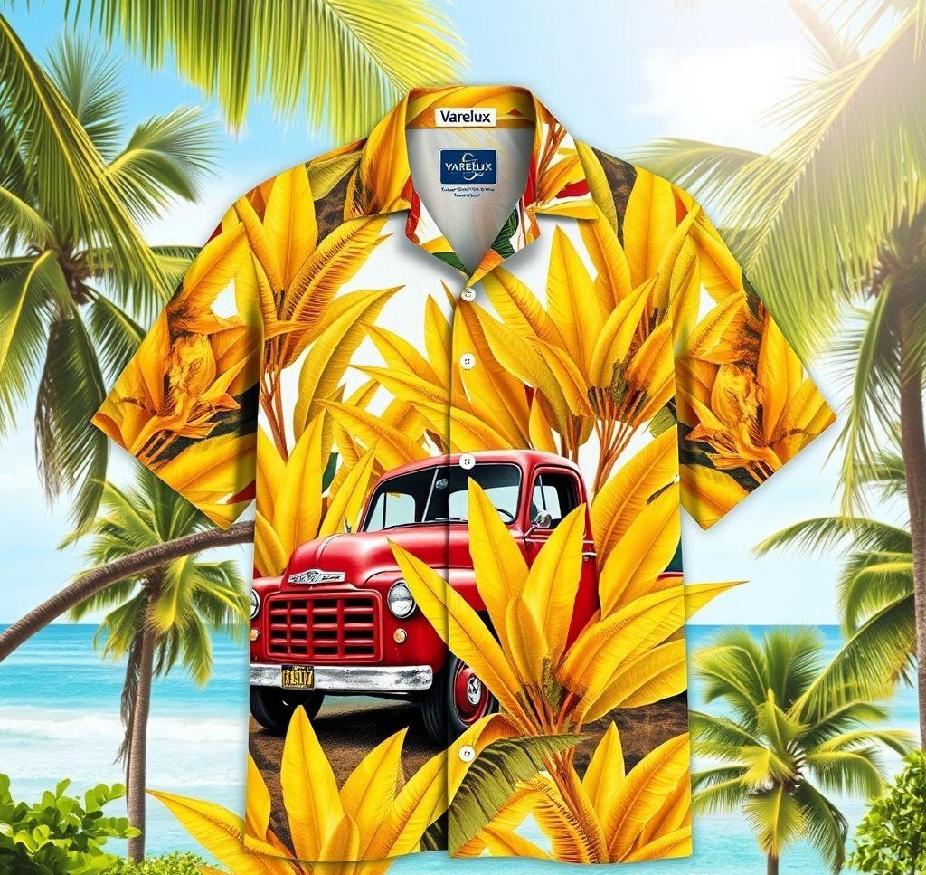 Vibrant Hawaiian Shirt with Rusted Red Truck and Banana Leaves
