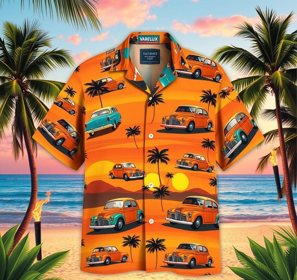 Vintage Hawaiian Shirt with Tropical Car Pattern