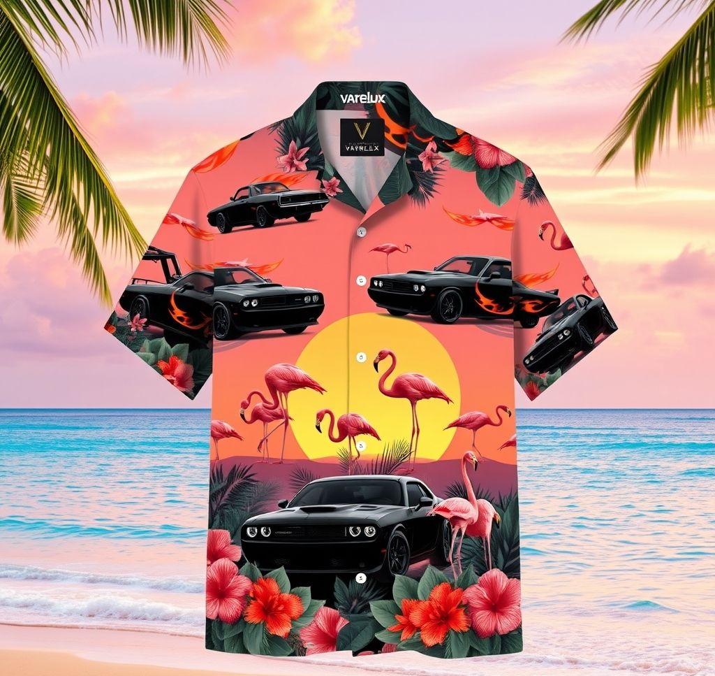 Bold Hawaiian Shirt with Muscle Car and Flamingo Design