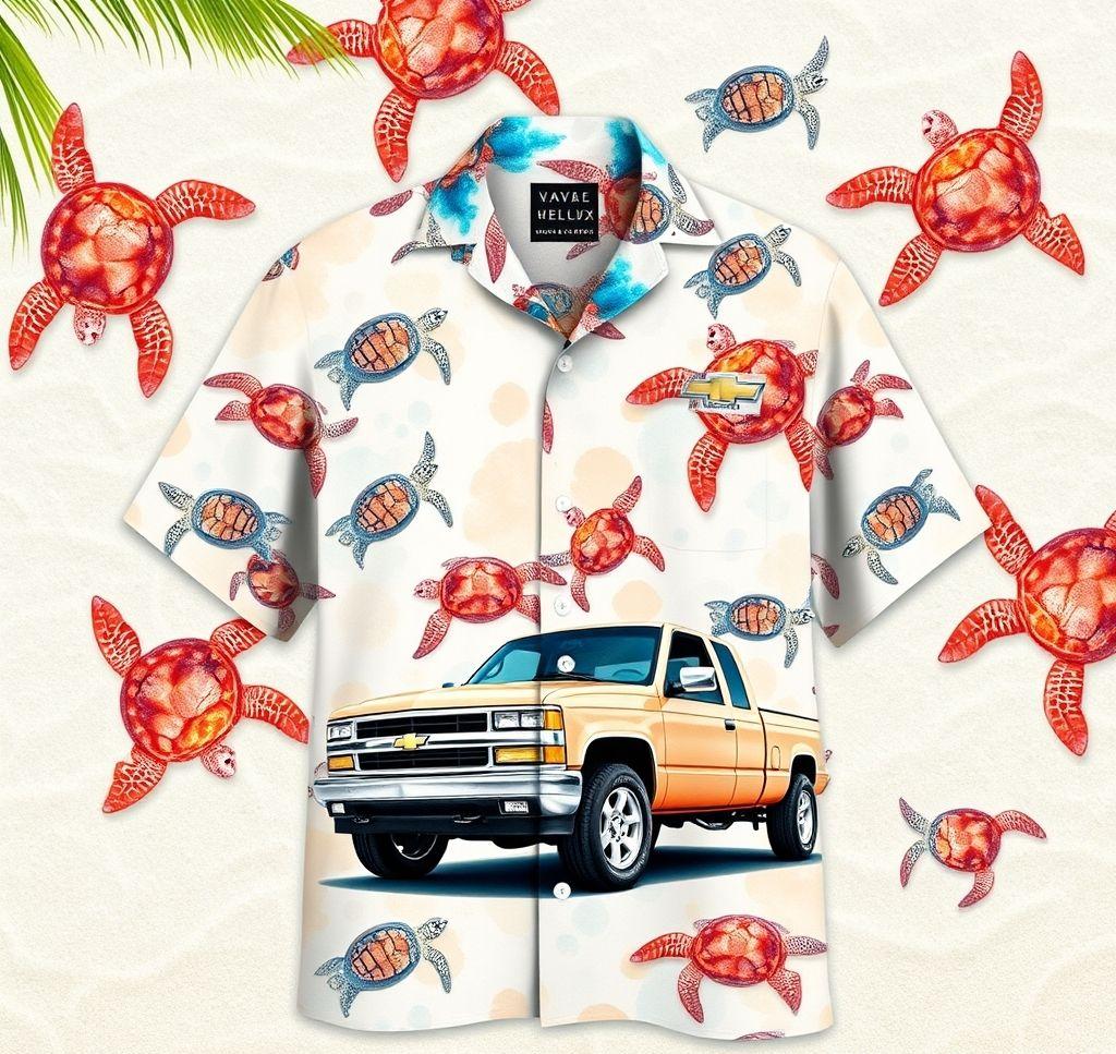 Vibrant Hawaiian Shirt with Chevy Truck and Sea Turtle Design