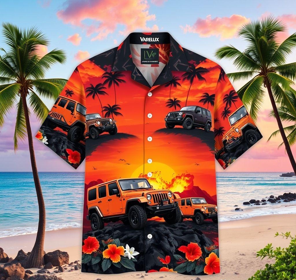 Vibrant Hawaiian Shirt with Jeep and Lava Flow Design