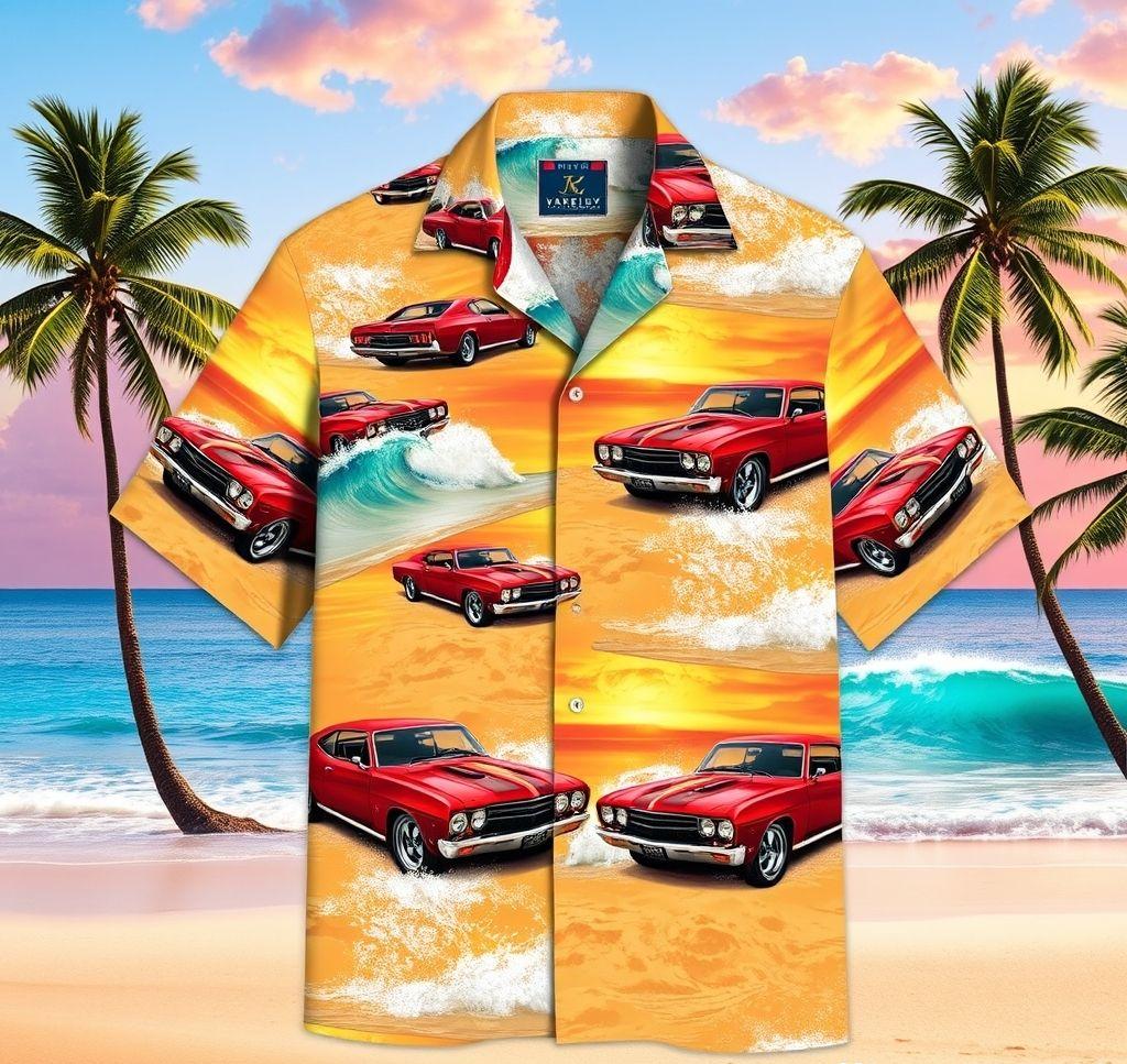 Vibrant Hawaiian Shirt with Cherry-Red Muscle Cars