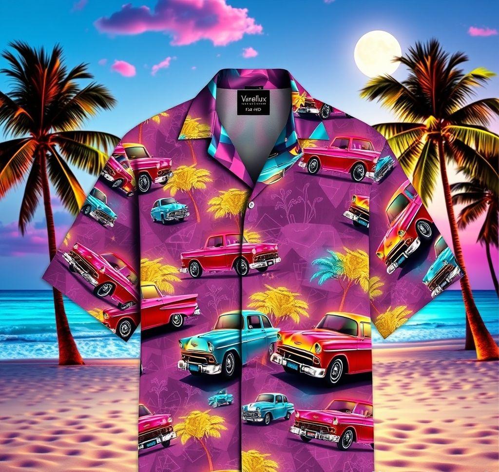 Vibrant Hawaiian Shirt with Neon Classic Cars Design