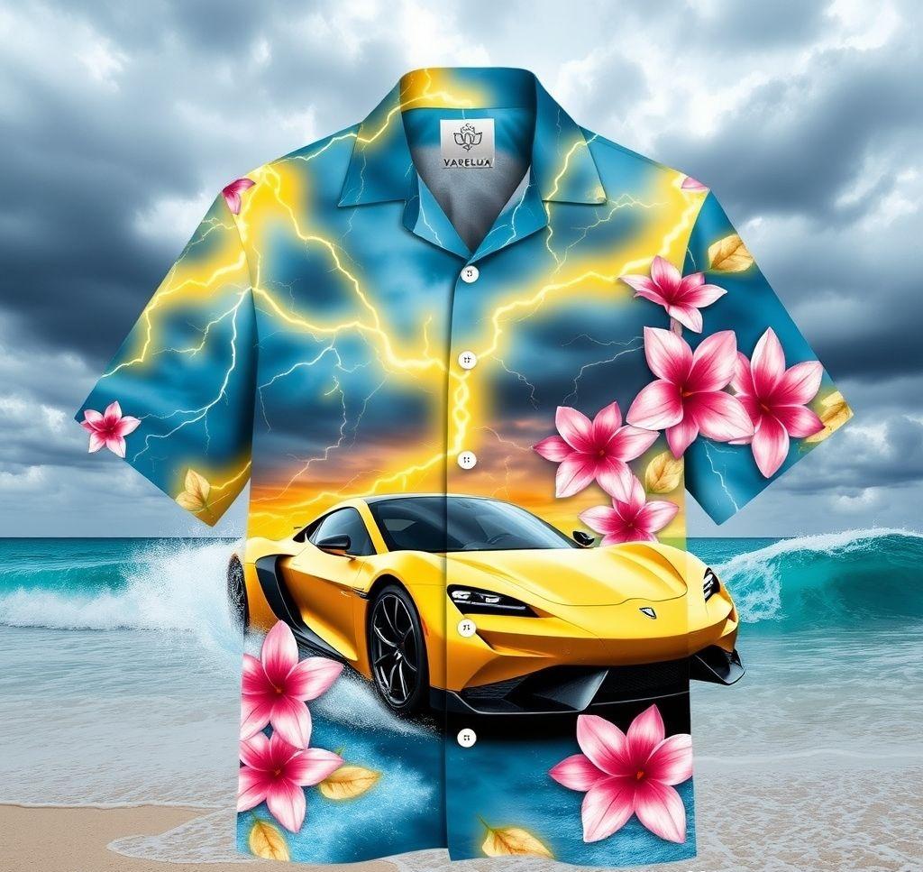 Vibrant Rimac Nevera Hawaiian Shirt with Lightning and Floral Design