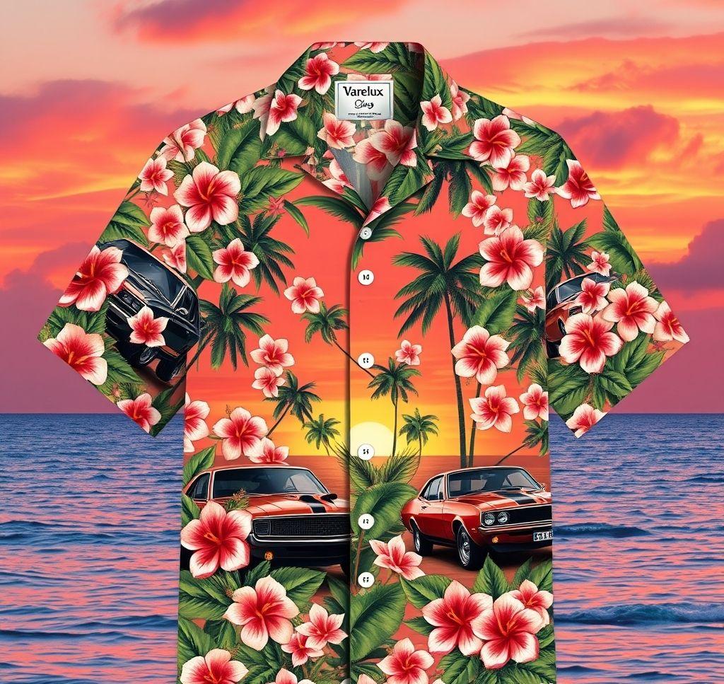 Vibrant Hawaiian Shirt with Hibiscus and Muscle Cars