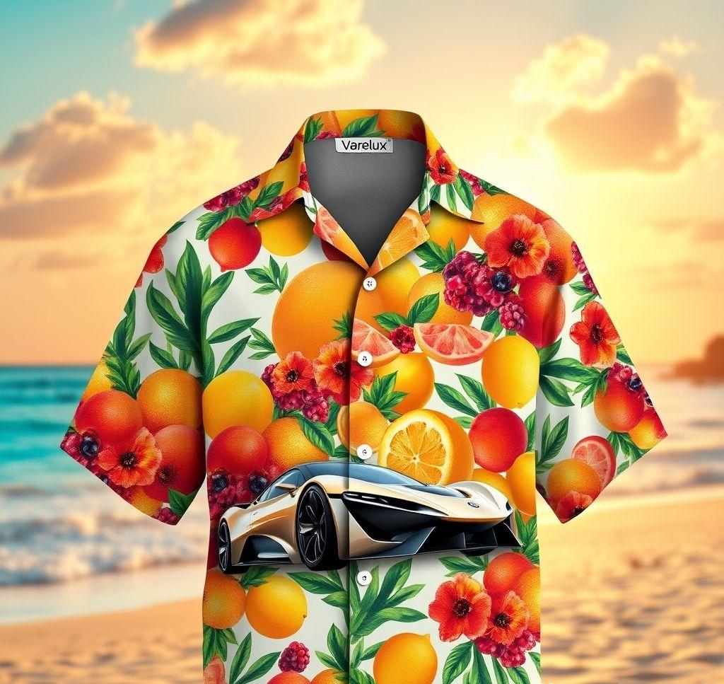 Vibrant Hawaiian Shirt with Convertible Hypercar and Tropical Fruit Design