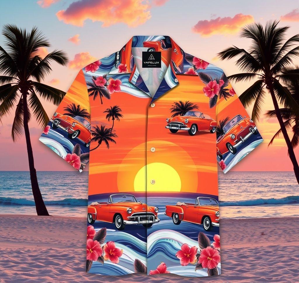 Vibrant Hawaiian Shirt with Retro Convertibles and Tropical Patterns