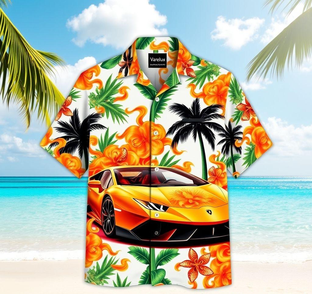 Vibrant Hawaiian Shirt with Lamborghini Design and Tropical Flames