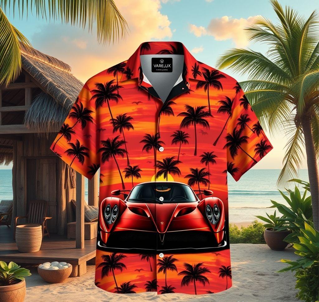 Exquisite Hawaiian Shirt with Pagani Zonda Design in Vibrant Sunset Hues