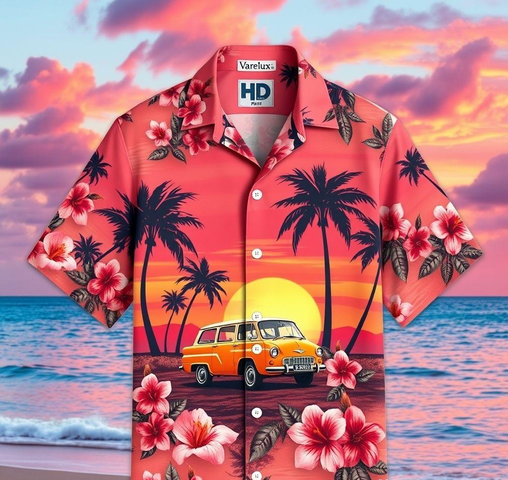 Retro Hawaiian Shirt with Palm Trees and Surf Car