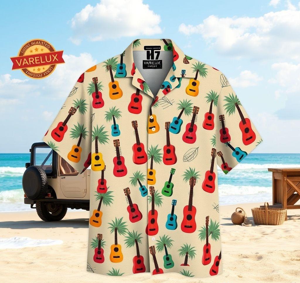 Colorful Ukulele Hawaiian Shirt in Cotton-Linen Blend