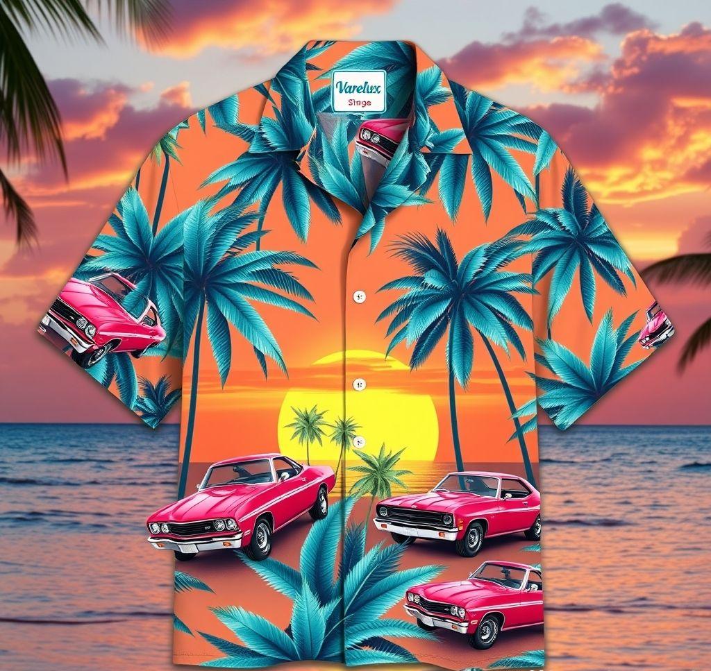 Vibrant Hawaiian Shirt with Palm Leaves and Muscle Cars