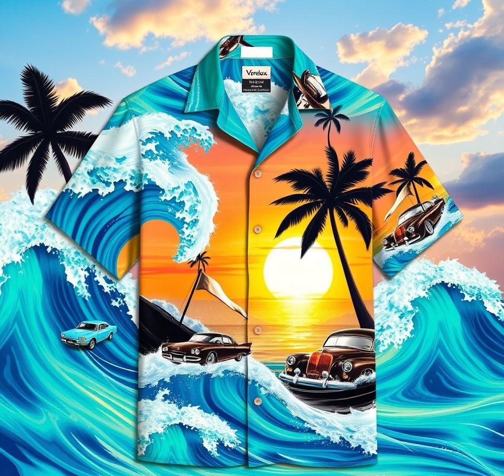 Stylish Hawaiian Shirt with Ocean Waves and Custom Car Motifs