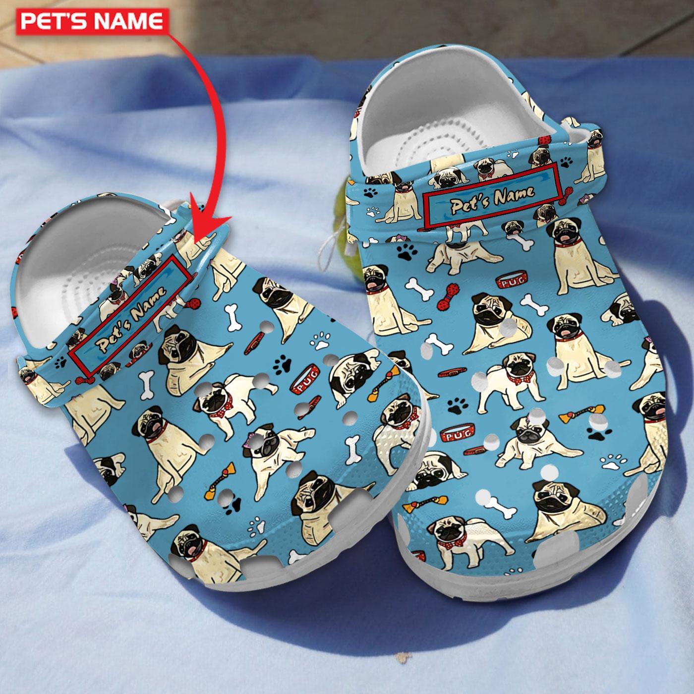 Beautiful Pug Dogs Clogs, Blue And White Clogs