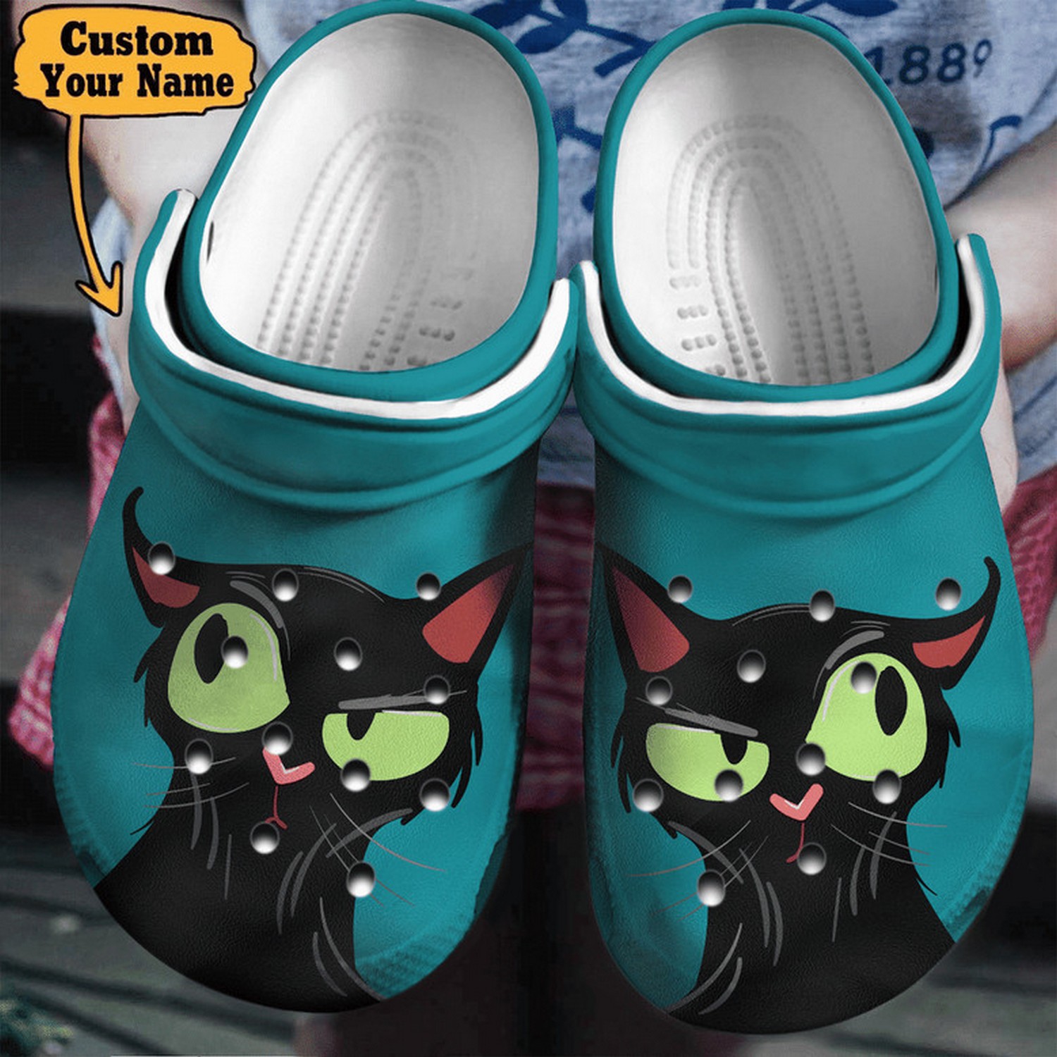 Custom Name Heart Nose Cute Back Cat Dack Green Clogs For Kids And Adults