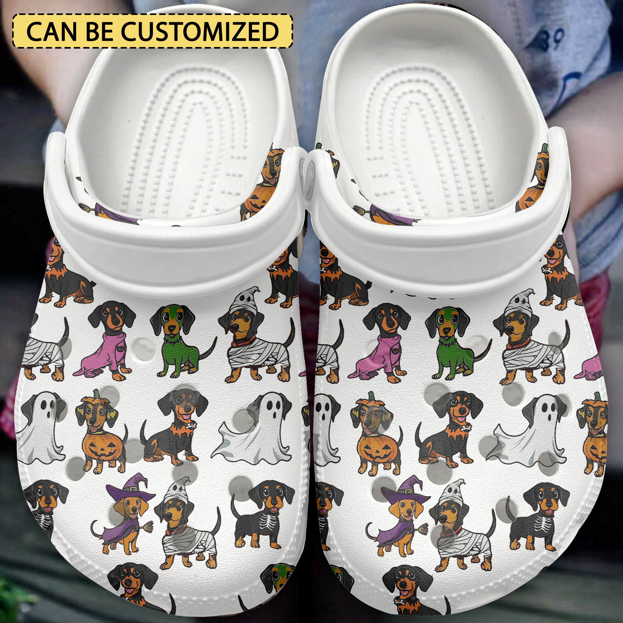 Cute Halloween Theme Custom Name Dachshund White Pet Clogs For Kids And Adults