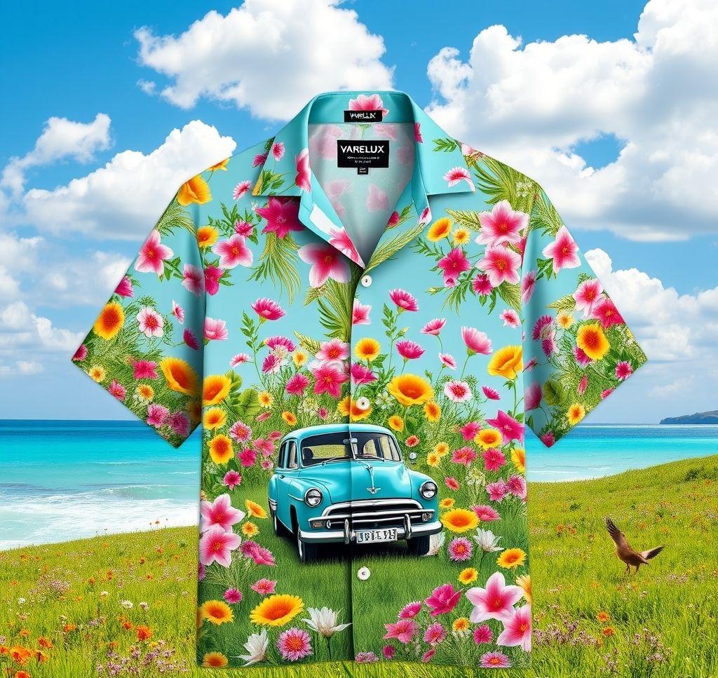 Stunning Hawaiian Shirt with Vintage Car Pattern in Vibrant Meadow