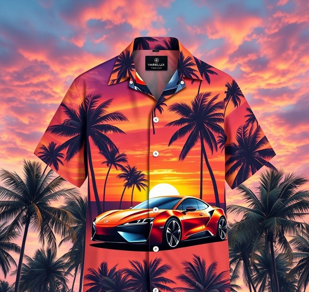 Futuristic Hawaiian Shirt with Electric Car Print and Palm Trees