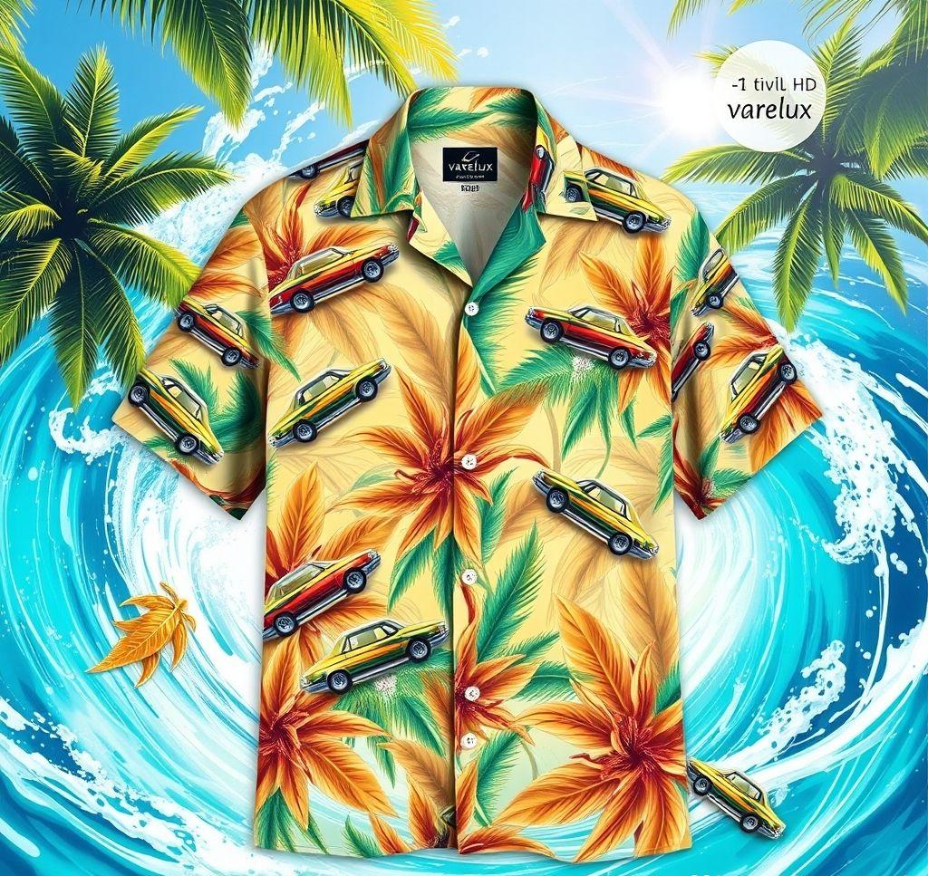 Vibrant Hawaiian Shirt with Iridescent Car Design