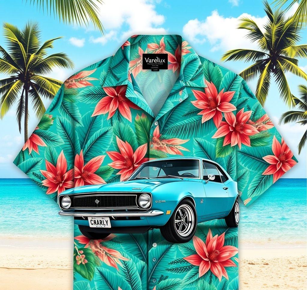Vibrant Hawaiian Shirt with 1960s Camaro Design