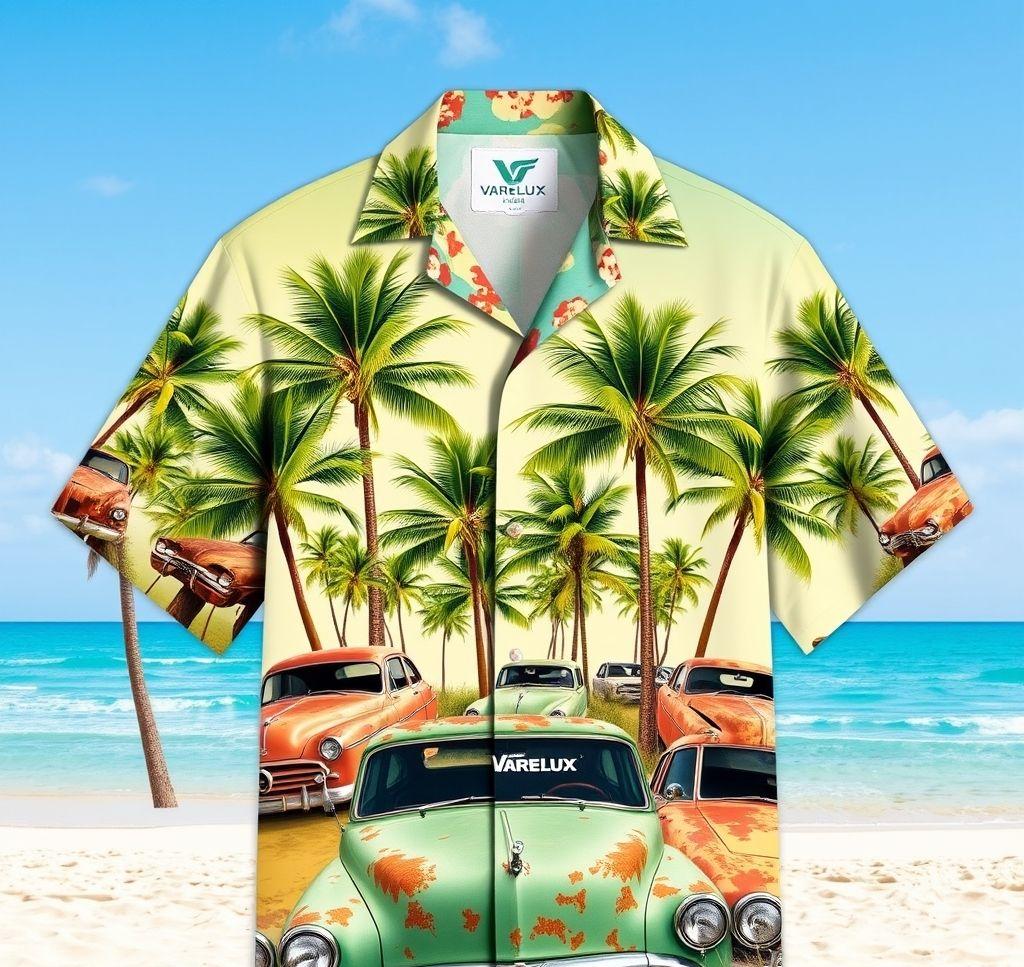 Vibrant Hawaiian Shirt with Palm Tree and Rusted Car Design