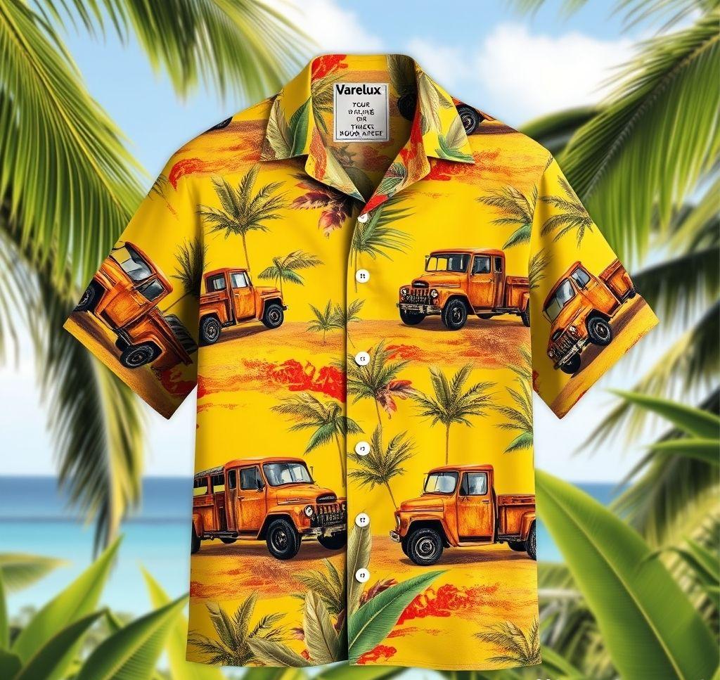 Vibrant Hawaiian Shirt with Rusted Trucks and Tropical Design