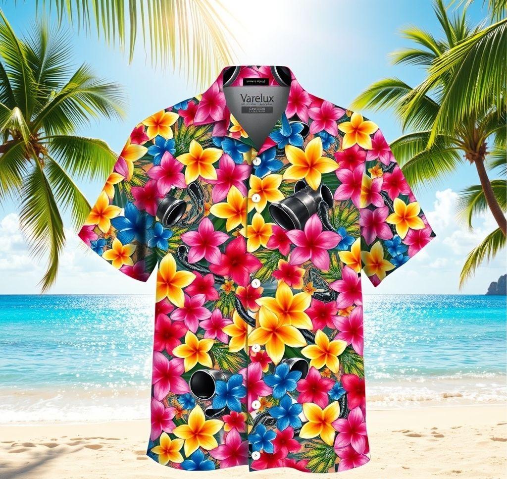 Vibrant Hawaiian Shirt with Floral Design and Car Accents