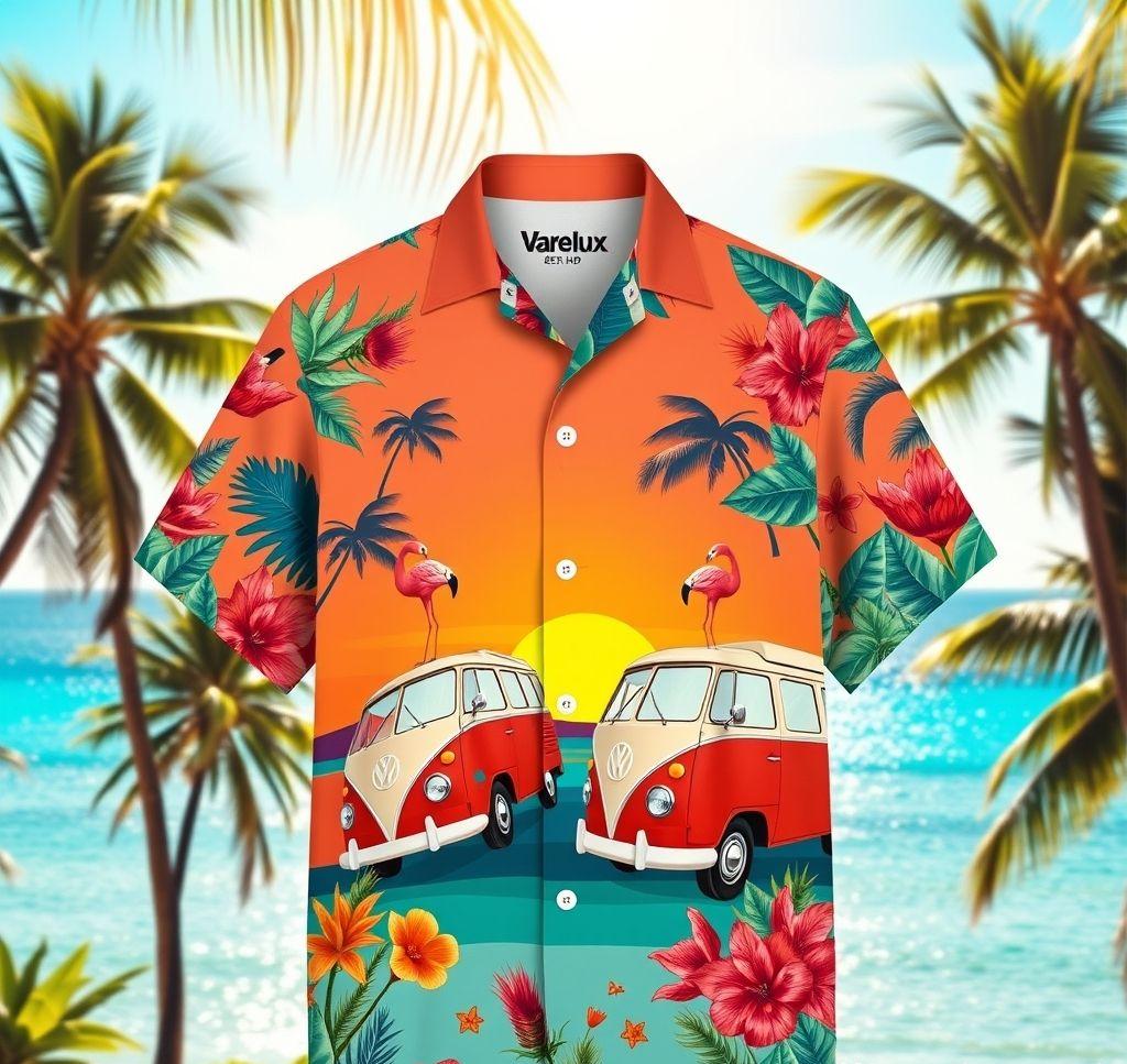 Vibrant Hawaiian Shirt with Retro Vans and Tropical Design