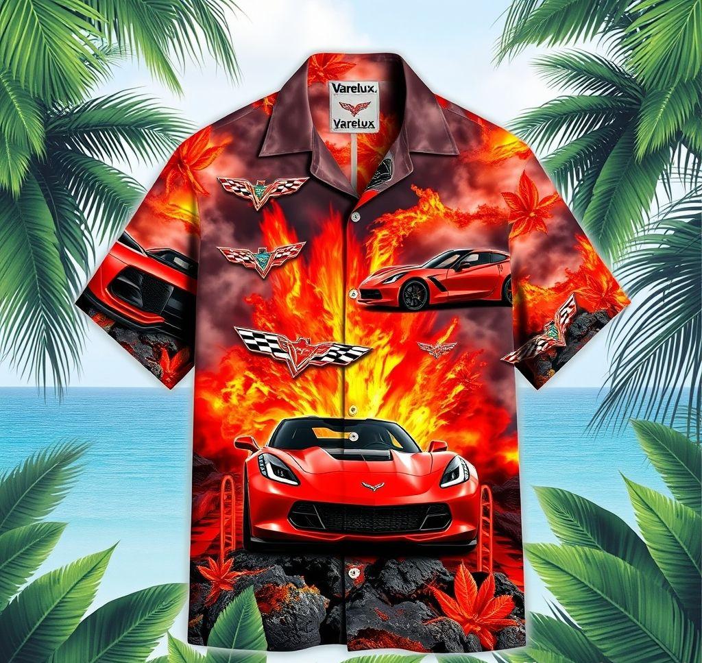 Vibrant Hawaiian Shirt with Corvette Z06 Cutouts and Lava Design