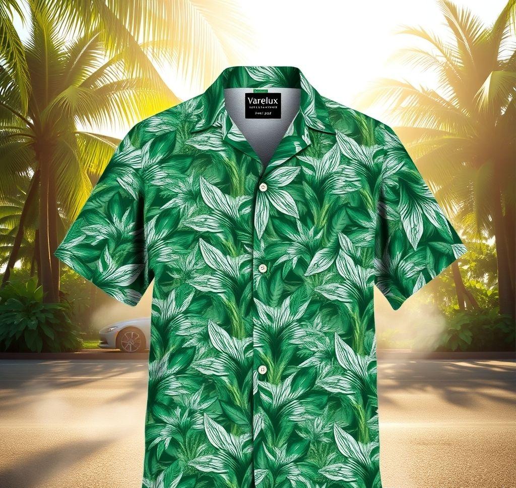 Vibrant Hawaiian Shirt with Emerald Greens and Silvers