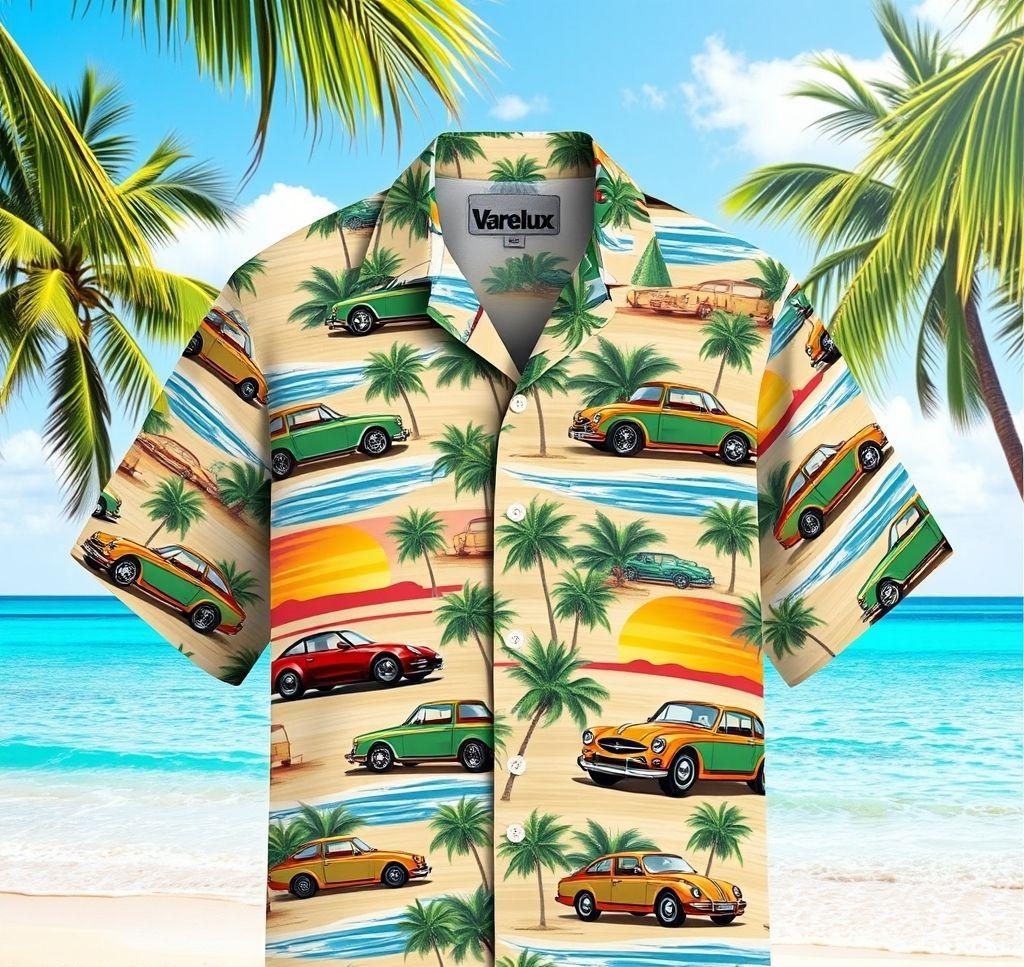 Retro Hawaiian Shirt with Futuristic Car Design in Vibrant Colors