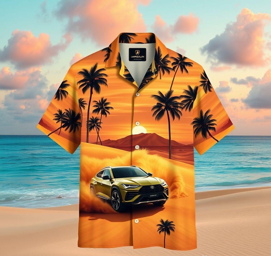 Vibrant Hawaiian Shirt featuring Lamborghini Urus in Sunset