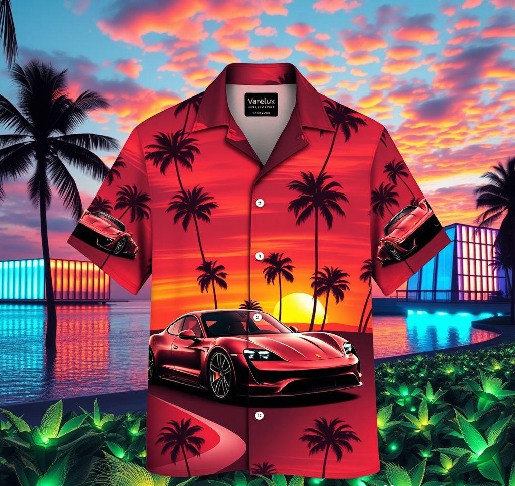 Vibrant Hawaiian Shirt Featuring Porsche Taycan