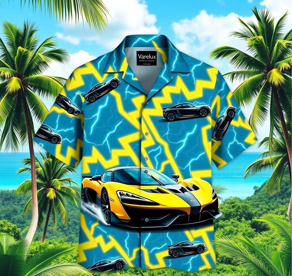 Vibrant Hawaiian Shirt with Electric Blue and Neon Yellow Lightning Bolt Pattern
