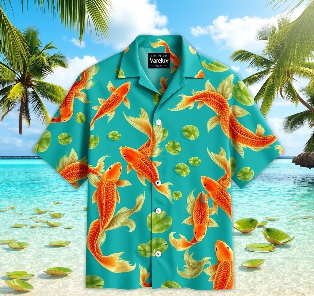 Vibrant Teal Hawaiian Shirt with Koi Patterns and Car Cutouts