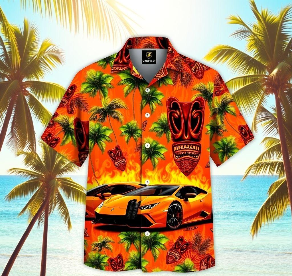 Vibrant Hawaiian Shirt with Lamborghini Huracans and Tiki Flames