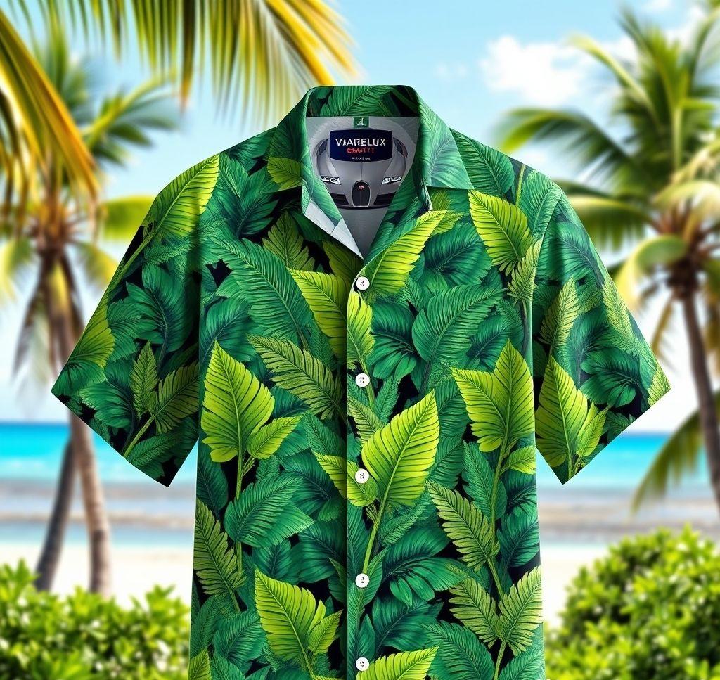 Vibrant Hawaiian Shirt with Jungle Ferns and Bugatti Veyron Design