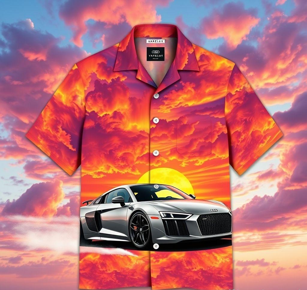 Vibrant Sunset Hawaiian Shirt with Audi R8 Design