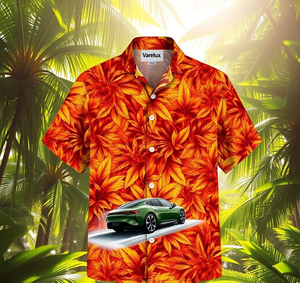 Vibrant Hawaiian Shirt with Sleek Electric Car Design