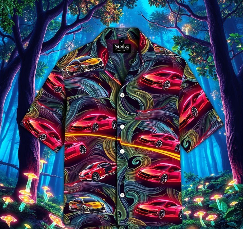 Vibrant Hawaiian Shirt with Futuristic Car Design