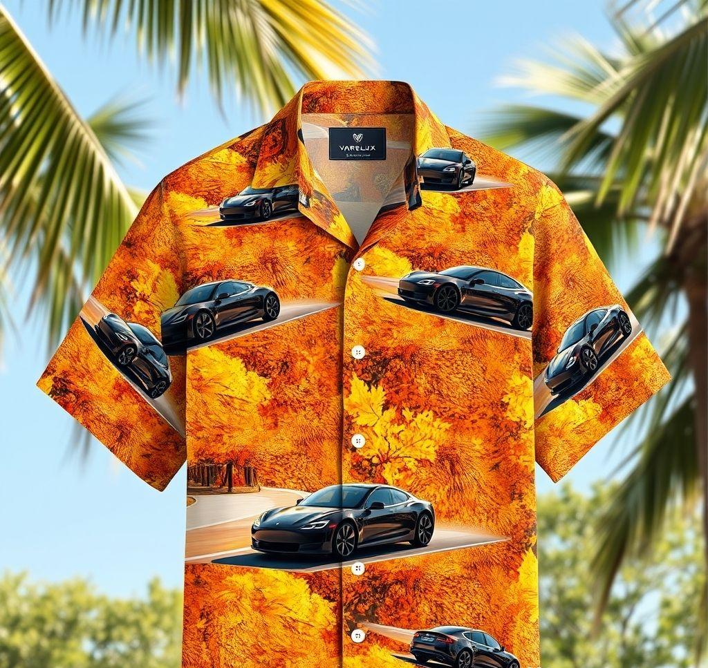 Stylish Hawaiian Shirt with Electric Cars and Autumn Leaves