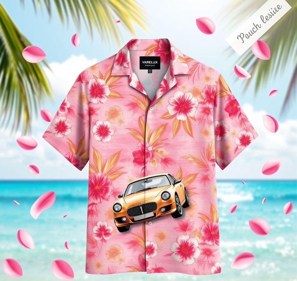 Vibrant Hawaiian Shirt with Floral Patterns and Custom Car Design