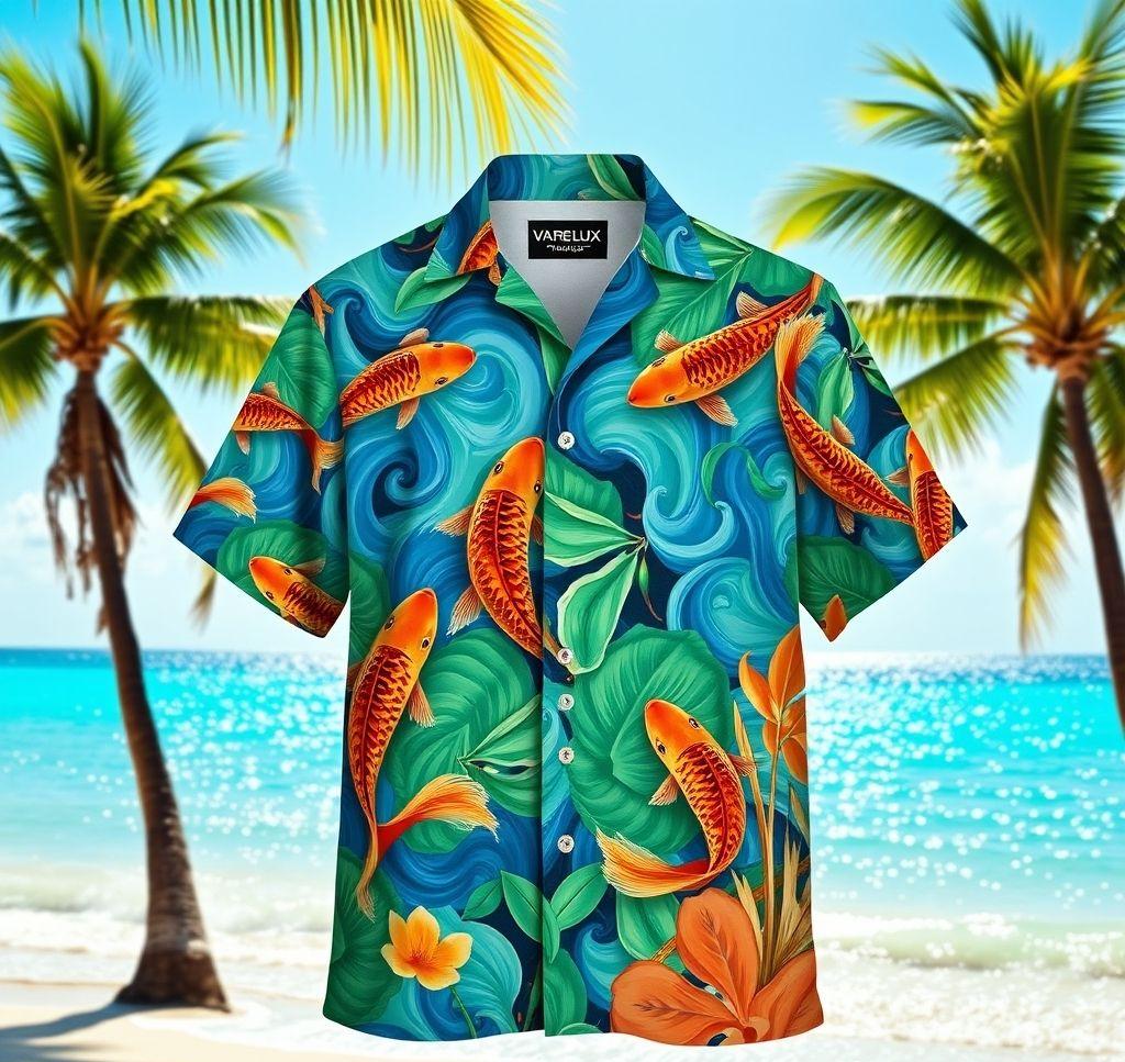 Vibrant Hawaiian Shirt with Koi Fish Patterns