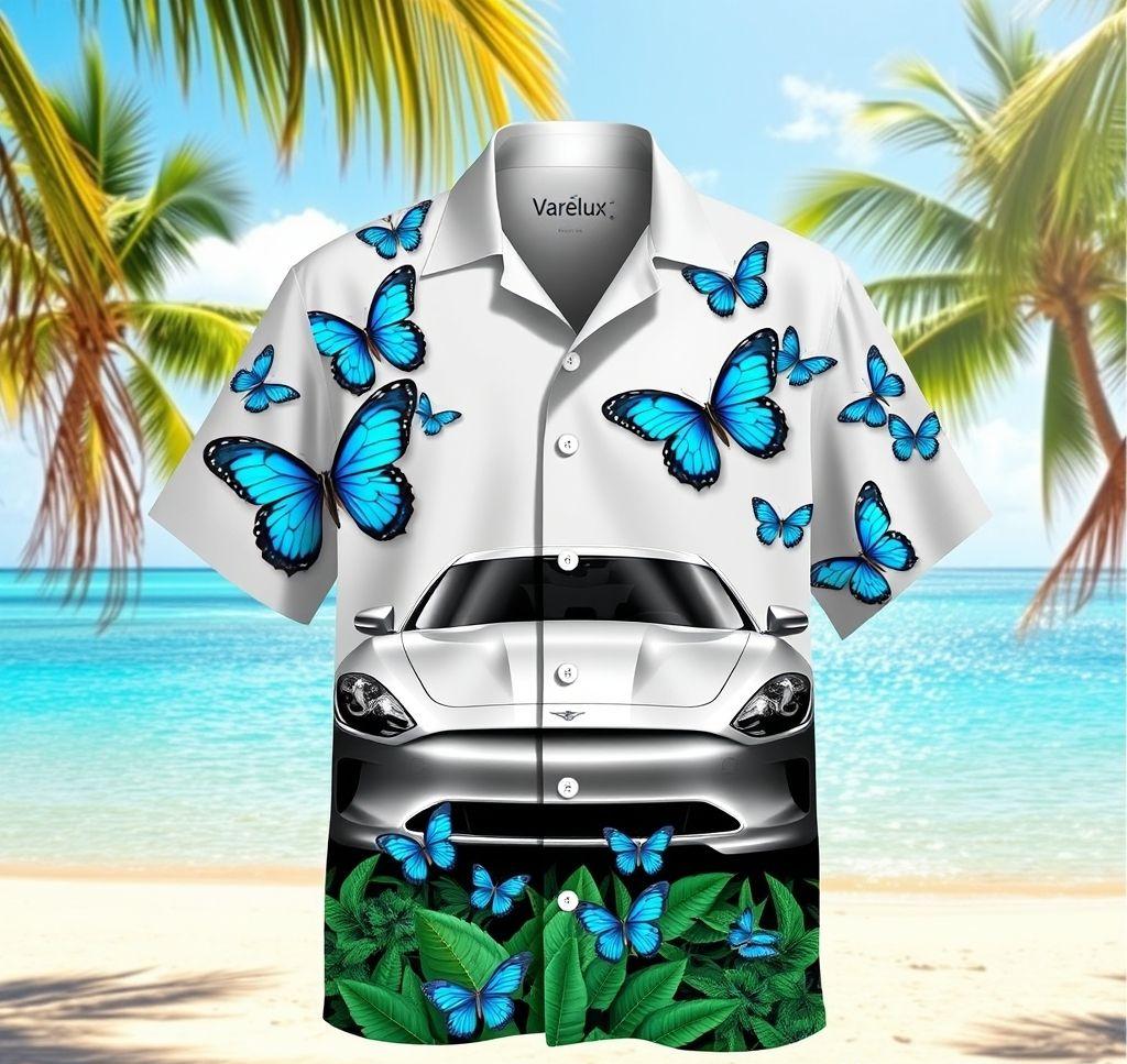 Stunning Hawaiian Shirt with Metallic Silver Sedan and Butterfly Designs