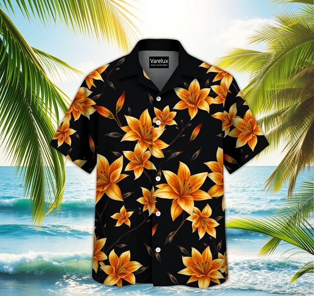 Elegant Black Hawaiian Shirt with Sports Cars and Lilies