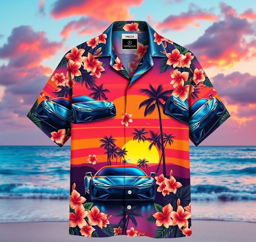 Vibrant Hawaiian Shirt with Futuristic Vehicle Design