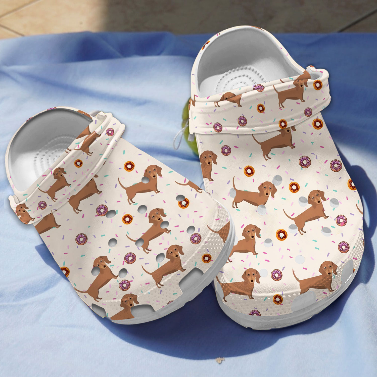 Soft Yummy Dachshund & Donut Pattern Beige Pet Clogs For Kids And Adults