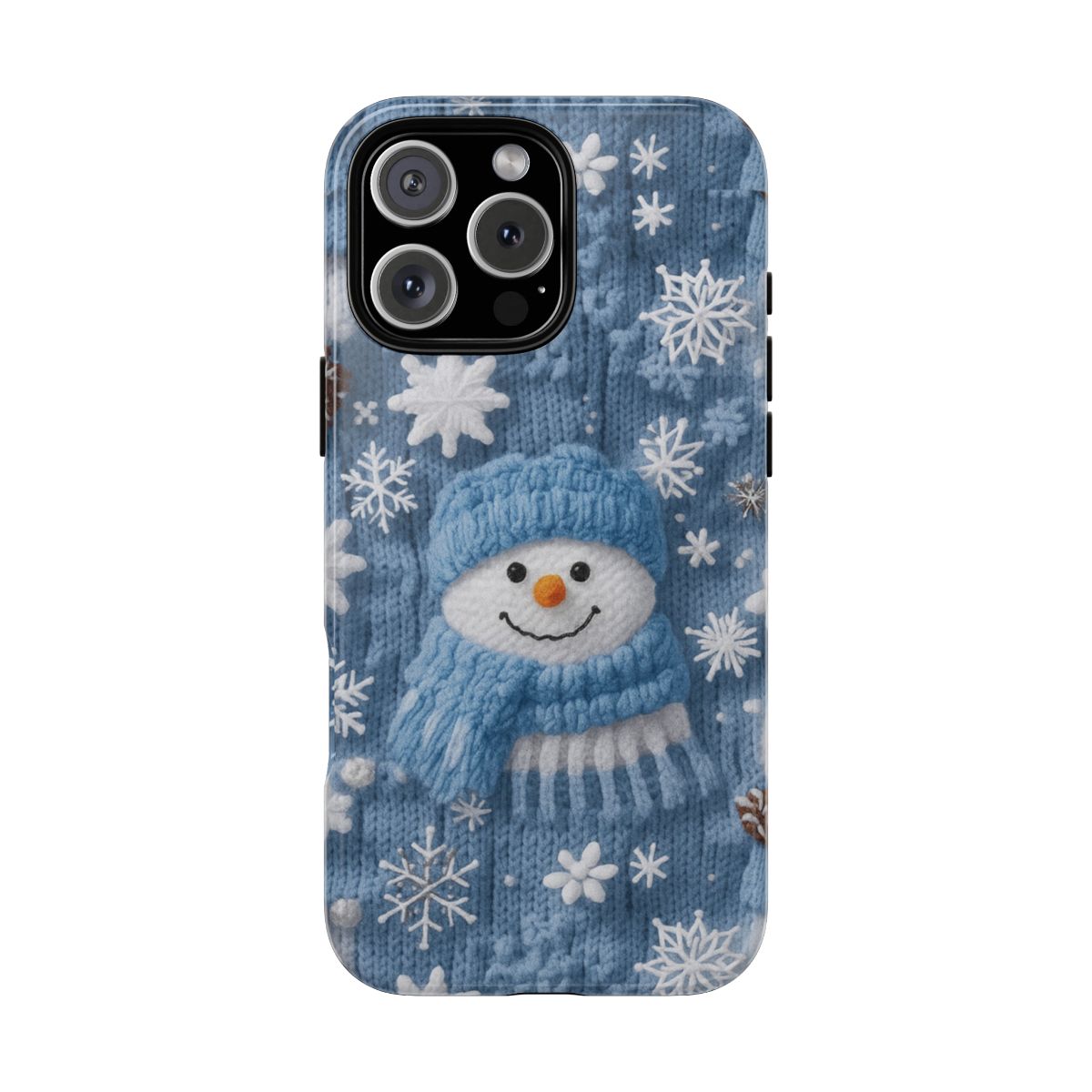 Festive Snowman Knitted Pattern Phone Case - Christmas Holiday Design with Textured White Swirl Background & Precise Cutouts for Buttons and Ports