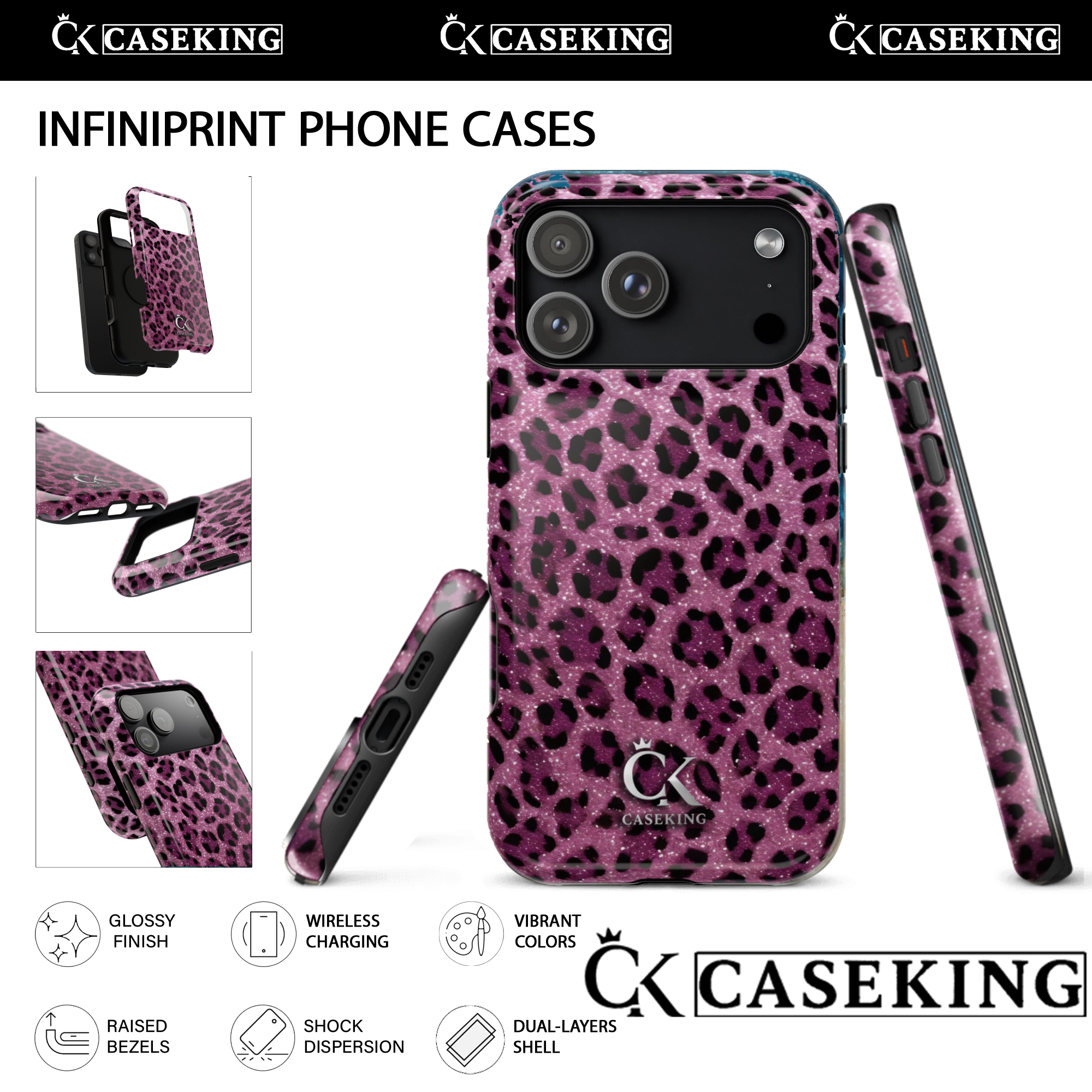 Hot Pink Black Leopard Print Pattern Glitter Faux Fur Design Glamorous Wild Print Trendy Y2K Aesthetic High Fashion Animal Motif